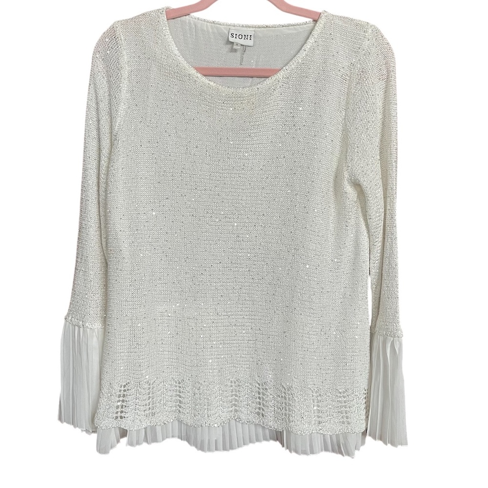 Sioni Studio Ivory Silver Sequin Crocheted Pleated Chiffon Trim Sweater Size S